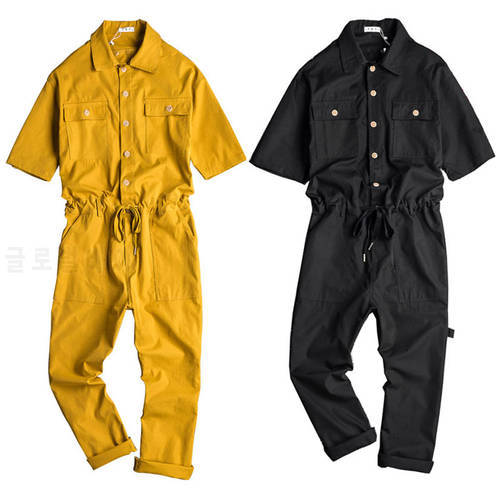 2021 Summer Overalls Men Jumpsuit Cotton Lapel Short Sleeve Ankle Length Pants Loose Leisure Streetwear Black Yellow Trousers
