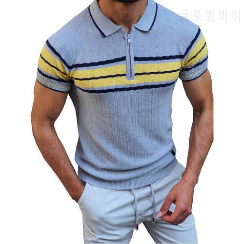 Men Summer top Color Block Patchwork Knitted Short Sleeves Striped Button Golf Polo Shirts