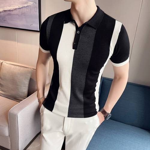 Summer Men&39s Knitted Casual POLO Shirts Short Sleeved Striped Slim Lapel Ice Silk POLO Shirt Business Social Men Clothes M-4XL