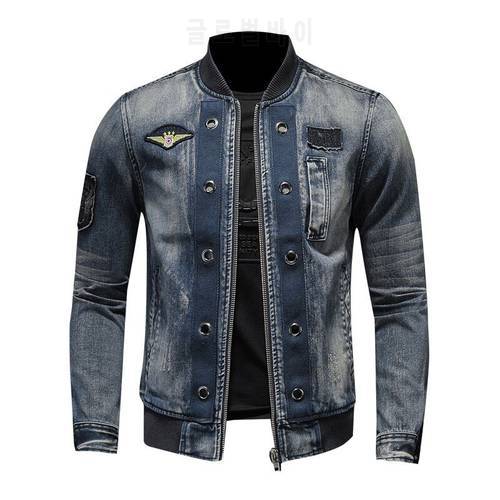 Fashion men&39s denim flight bomber jacket vintage jeans ma1 pilot coat retro outwear tops mandarin collar plus size M-5XL