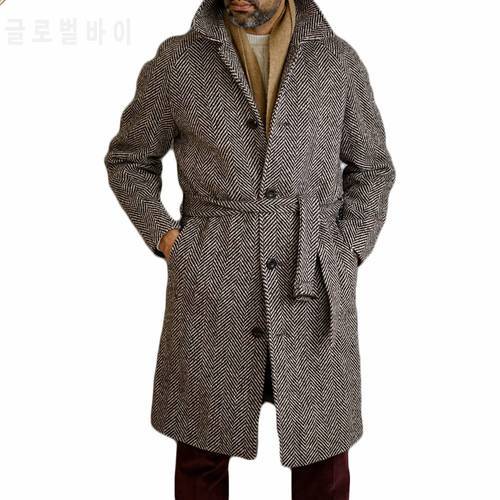 Striped Men&39s Woolen Overcoat England Style Singal Breasted Thick Loose Mid-Length WarmCasual Trench Winter Coat Male Jacket