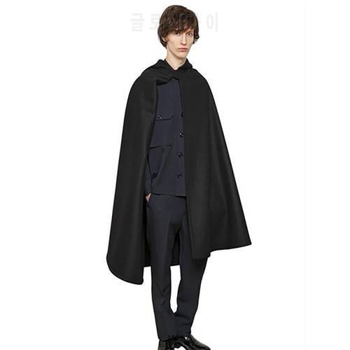 Men&39s Wool Coat Cloak Black Medium Long Fashion Personalized Windbreaker Large Loose Hooded Coat Black Simple Retro Coat