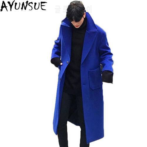 AYUNSUE Winter Cashmere coat men long wool jacket Wram Thick Double breasted Overcoat Pea cot for men plus szie Outwear LX1105