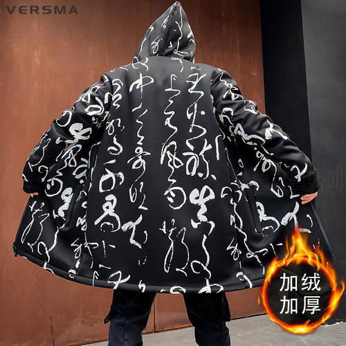 VERSMA Korean Style Clothing Men Graffiti Printed Long Men Coat Hip Hop Long Gothic Jacket Male Hooded Trench Coat Dropshipping