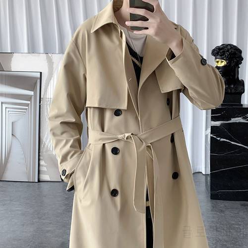 2022 Men&39s Long Windbreaker Solid Color Loose Outerwear British Style Trench Coats Double Breasted Lapel Collar 2-color Jackets