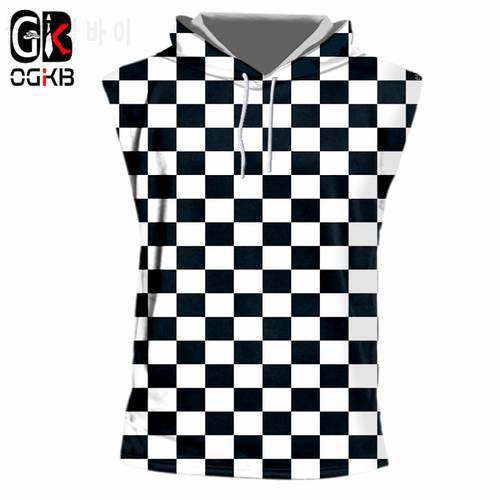 OGKB Man Hiphop Streetwear Punk Sleeveless Hoodies Tracksuits Tops Men&39s Cool Print Black White Grid 3D Hooed Tank Top Cap Vest