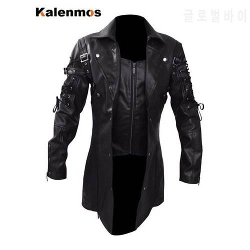 Punk Coat Men Faux Leather PU Trench Jacket Medieval Goth Spring Fall Top Streetwear Vintage Gothic Moto Biker Outwear Abrigos