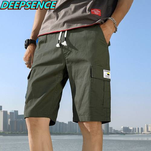 Men Spring And Summer New Casual Shorts Solid Cotton Drawstrin Pockets Loose Fit Safari Style Fashion Knee Length Shorts Men