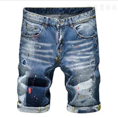 High Quality Men Blue Denim Shorts Holes Shorts Jeans New Fashion Male Streetwear Stretch Jeans Shorts Pants Srtaight Fit Jeans