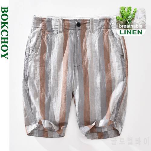 Summer Spring New Men Contrast Striped Linen Pants Lightweight Beach Straight Loose Casual Five-point Shorts GA-802