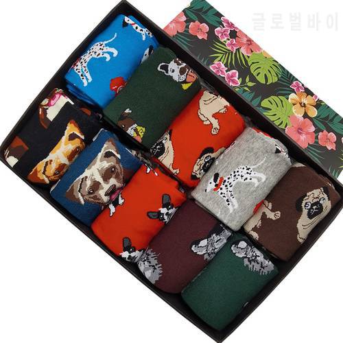 10 Pairs/Pack Men Woman Happy Funny Socks Cute Dog Embroidery Retro Harajuku Design Skateboard Cotton Socks
