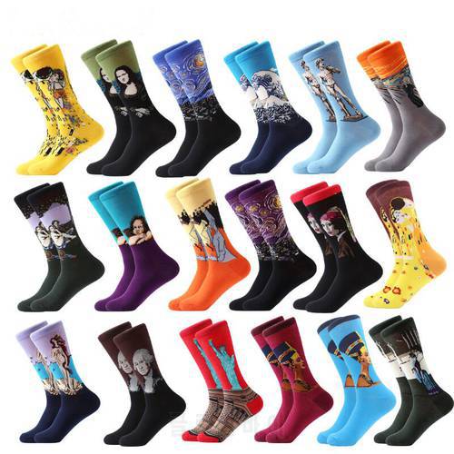 Hot Sale 1pair Combed Cotton Colorful Van Gogh Retro Oil Painting Men Socks Cool Casual Vogue Funny Party Dress Crew Socks