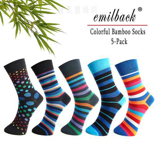 Emilback 5 PRS/Lot Colorful Mens Happy Funny Casual Long Bamboo Socks High Quality Very Soft Antibacterial Big Size Breathable
