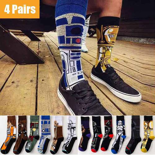 4 Pairs Star Wars Movie Cotton Long socks Master Yoda R2-D2 Cosplay Socks Wookiee Jedi Knight Novelty Men&39s Women&39s Socks