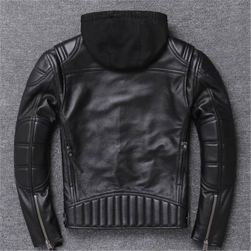 ZVAQS Mens Paded Biker Jackets Coats With Removable Hood Genuine Leather Motorcycle Trucker Jacket Outerwear Clothes 5XL