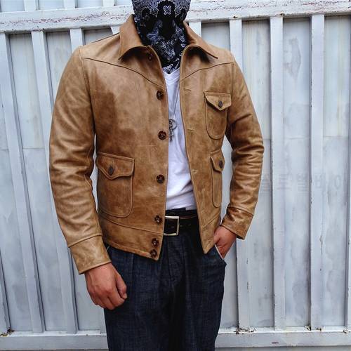Vintage Tobacco Leather Three-Pocket Ami Khaki Genuine Leather Clothes Men