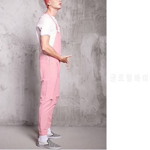 Rompers Mens Jumpsuit 2020 New Fashion Cotton Casual Male Denim Ripped Jeans Pants Pink Overalls conjunto masculino Plus Size