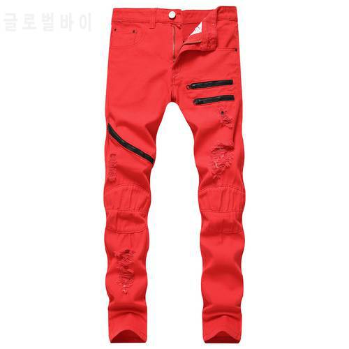 2021 Autumn New Mens Hole Denim Trousers Fashion Ripped Red Jeans Hip Hop Vintage Skinny Jeans Man Zip Up Casual Jean Homme 바지
