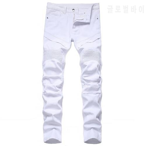 Trendy Patchwork White Pleated Men&39s Slim Fit Biker Jeans Solid Long Denim Pants Men Clothing Casual Hombres Motorcycle Jeans