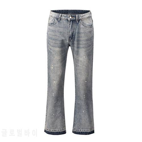 High Street Washed Splash Ink Retro Wide-leg Flared Pants Mens Straight Casual Jeans for Men Harajuku Loose Denim Trousers