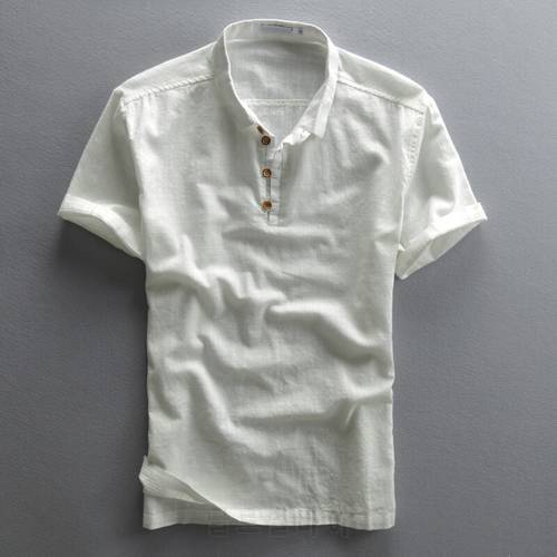 Men Linen Shirt Retro Simple Art Street Soft And Light Pullover Wood Button Short Sleeve Slim Fit Thin Solid Color Casual Tops