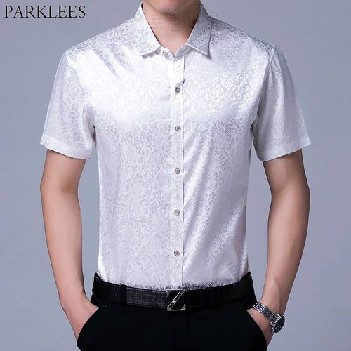 Floral Print Silk Shirt Men 2019 Brand Slim Fit Short Sleeve Mens Dress Shirts Satin Smooth Male Tuxedo Shirt Chemise White 2XL