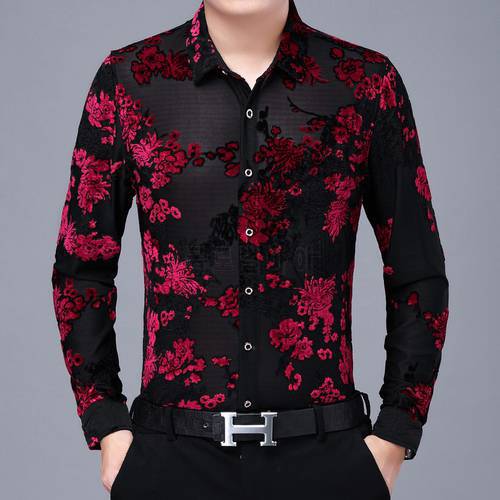 High Quality Mens Floral Shirt 2021 Long Sleeve Slim Velvet Shirt Men Clothing Camisa Business Party Prom Red Blue Flower Shirt
