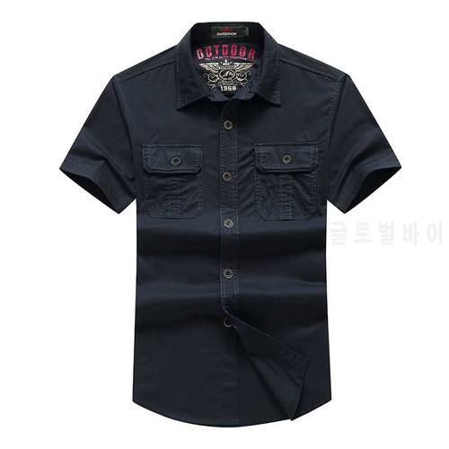 Summer Men Casual Shirt Short Sleeve Cotton Turn Down Collar Designer Shirts Big Size Military Style Green Blue Black Khaki