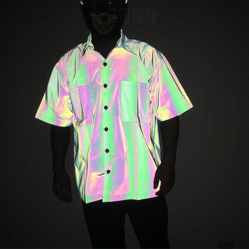 High quality men short sleeve shirt hip hop streetwear colorful reflect light mens reflective shirts tops clothes chemise homme