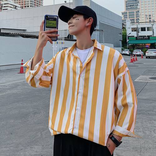 Korean Style Striped Men Shirts Fashion Casual Long Sleeve Shirt Streetwear Clothes Yellow/Navy blue 2021 Spring Summer