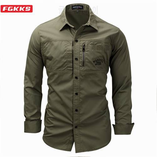 FGKKS 2021 New 100 % Cotton Shirt Men Fashion Brand Men Military Style Outdoor Shirts Slim Fit Dress Casual Shirts Male