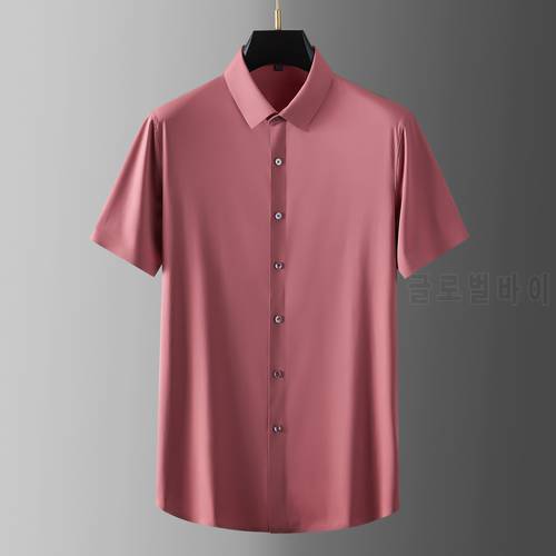 Minglu Summer Grey Male Shirts Luxury Short Sleeve Solid Color Soft Silky Mens Dress Shirts Fashion Slim Fit Casual Man Shirts