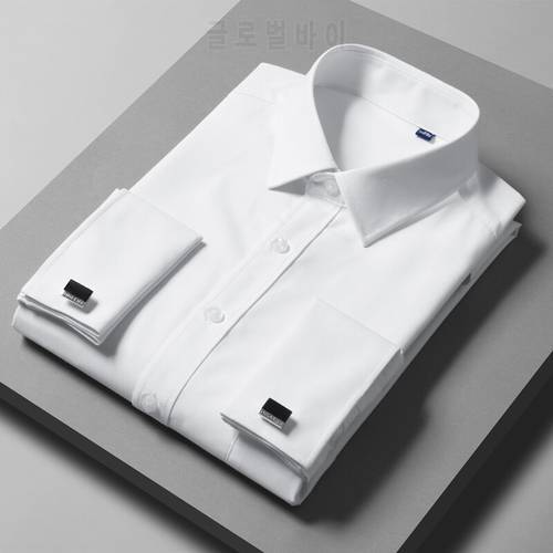 Large Size Men&39s Bamboo Fiber Cufflink Shirt High Quality Business Fashion Pure White Party Long-sleeved Shirt Male Brand