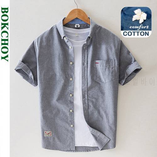 Summer and Spring New Men Pocket Short Shirt Casual Loose Solid Color Shirt Large Size Top White Pink Grey Workwear GC-L870