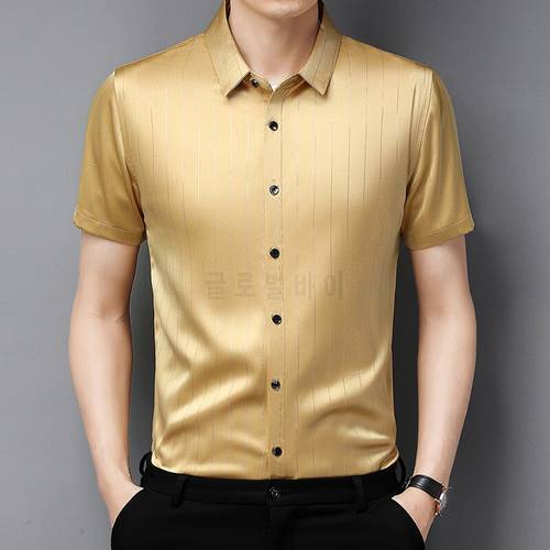 New 2021 Summer Male Silk Clothes Fashion Striped Silk Shirt Short Sleeve Mens Casual Business Social Dress Shirts