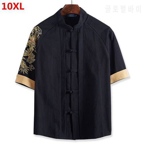 Chinese style plus size male extra large code tide big man slimming 9XL linen half sleeve shirt cardigan embroidery 9XL 10XL