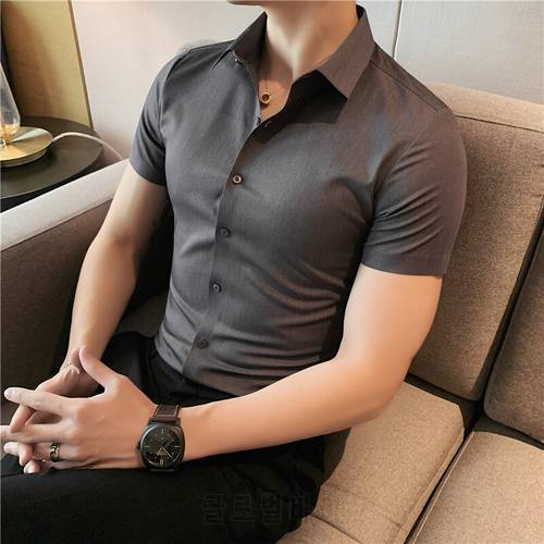 High Quality Business Formal Wear Ice Silk Men Dress Shirts Short Sleeve Simple Solid Slim Fit Casual Stretched Blouse Homme 3XL