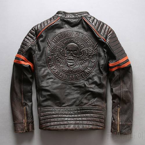 Factory 2018 New Men 3D Skull Motorcycle Genuine Leather Jacket 100% Real Soft Cowhide Slim fit Jackets Rider Winter Coats