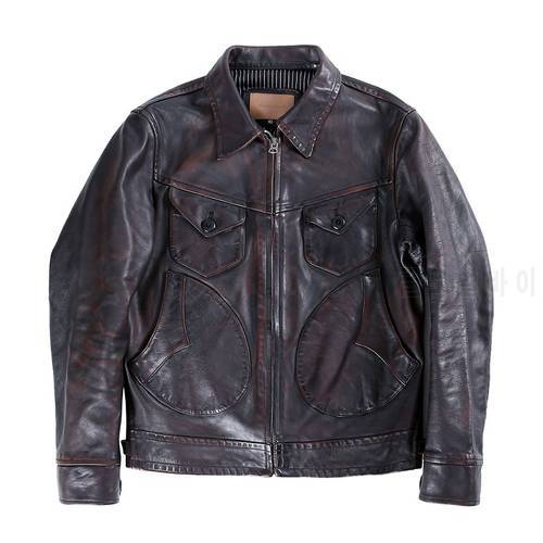 Free shipping.Original tea core horsehide coat,men luxury vintage brown leather jacket.quality rider slim leather clothes