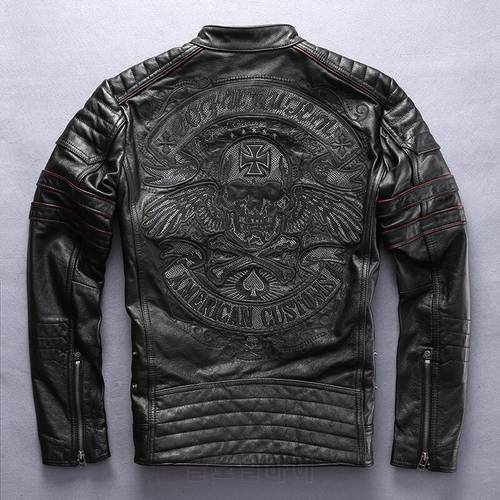 Factory 2020 Men Retro Vintage Leather Biker Jacket Embroidery Skull Pattern Black Slim Fit Men Winter Motorcycle Coat M-4XL