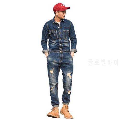 Spring Retro Bib Overalls Men Denim Jumpsuits Long Sleeve Fashion Hole Ripped Jeans Blue Cargo Pants Tapered Casual Trousers