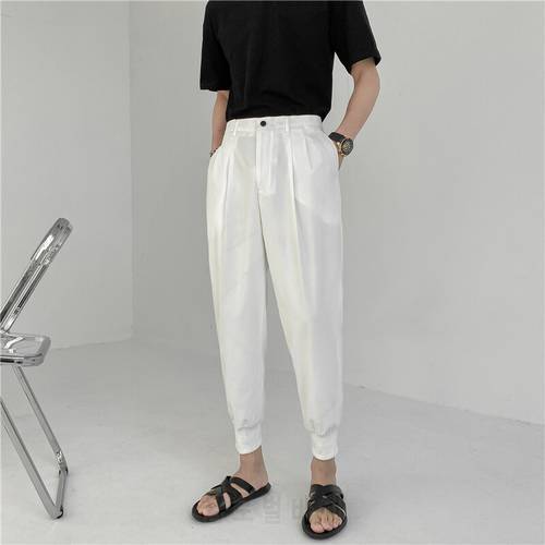 2021 New Summer Men&39s White Suit Pants Korean Stylish Trousers Male Elastic Waist Solid Tapered Ankle Length Casual Pants Man