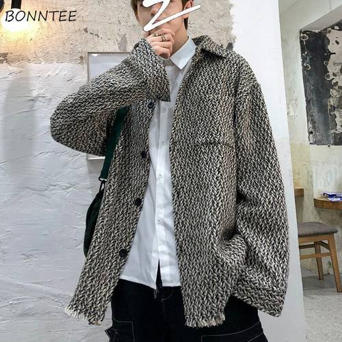 Blends Coats Men Chic Retro Wool Jackets Frayed Fur-lined Young Style Harajuku Hip Hop High Street All-match Leisure Warm Cozy