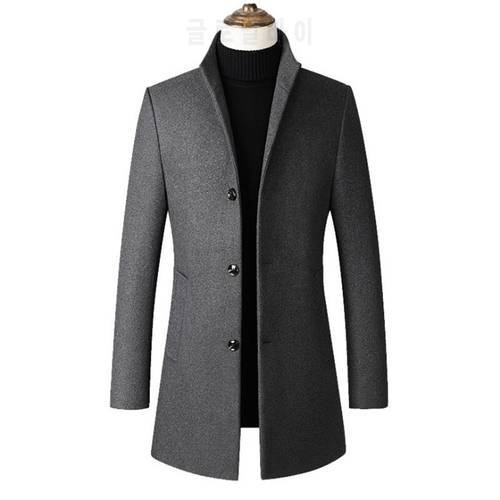 Dropshipping Woolen Overcoat Slim Fit Jacket Casual Trench Coat Men Grey Wool Coat Winter Male Wool Blend Jackets Big Size