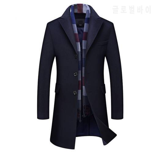 Winter Wool Jacket Men British Style Trench Coat Male Casual Long Woolen Outwear High quality Wool Blend Jacket No Scarf