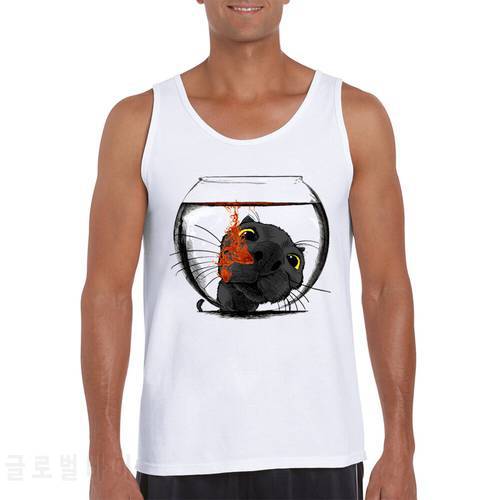 Fashion Color Design Fish Cat Printed Men Tank Tops Funny O-Neck Vest Sleeveless Casual Men Tee