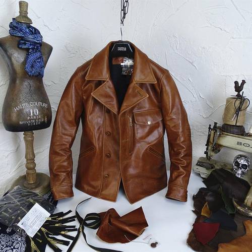 Italy oil wax spot selling Rider bear japan head layer cowhide leather restoring ancient village brown jacket