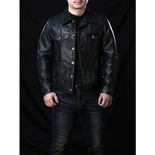 Free shipping.luxury quality oil horsehide coat.classic casual 557 leather jacket.black men slim short leather clothes japanese
