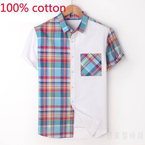 New Arrival Fashion Large Summer High Quality 100% Cotton Short Sleeve Men Splicing Casual Shirts Plus Size S-XL2XL3XL4XL5XL6XL