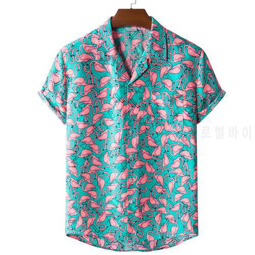Green Flamingo Shirts Men Short Sleeve Print Casual Mens Aloha Shirt Beach Holiday Hawaiian Camisas Summer Brand Cosy Camisa